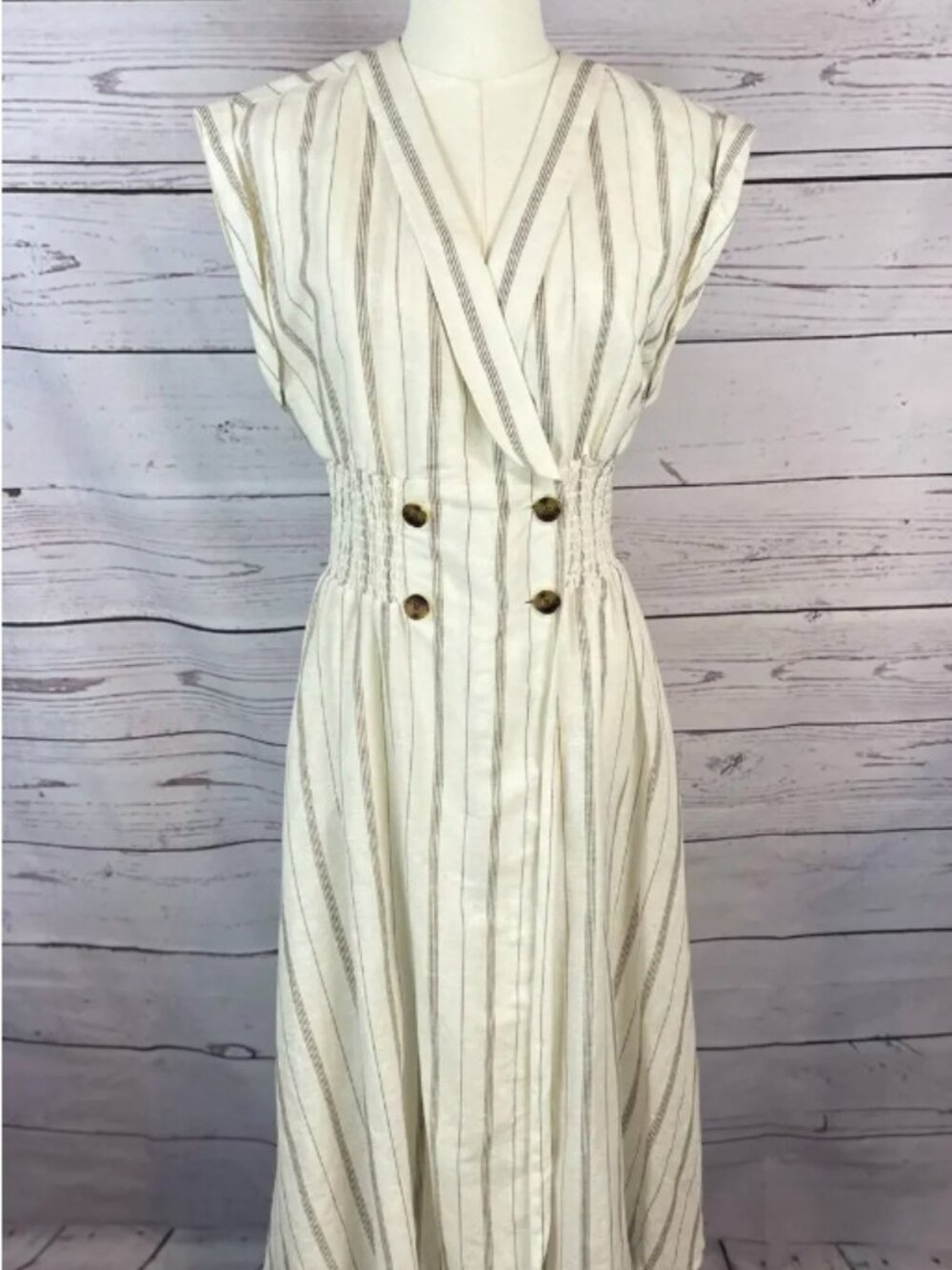 Donna Karan New York Linen Blend Striped Midi Dress Cream Smocked Waist Sz 6